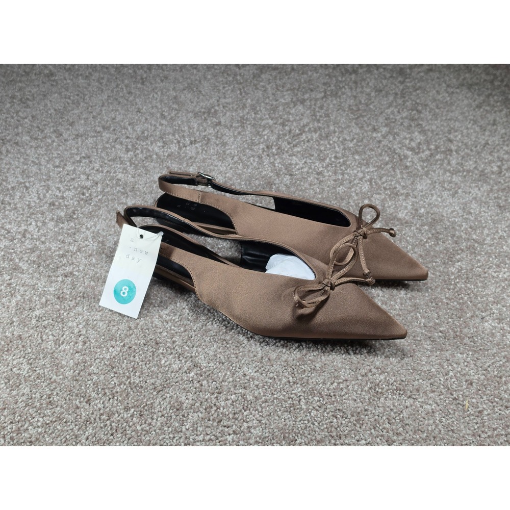 A New Day Camille Taupe Satin Pointed Toe Slingback Bow Flats Shoes Womens 8